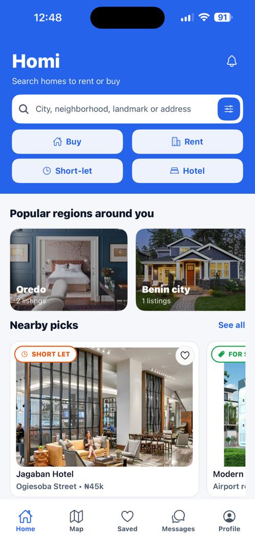 Homi app home screen with Buy, Rent, Short-let and Hotel search